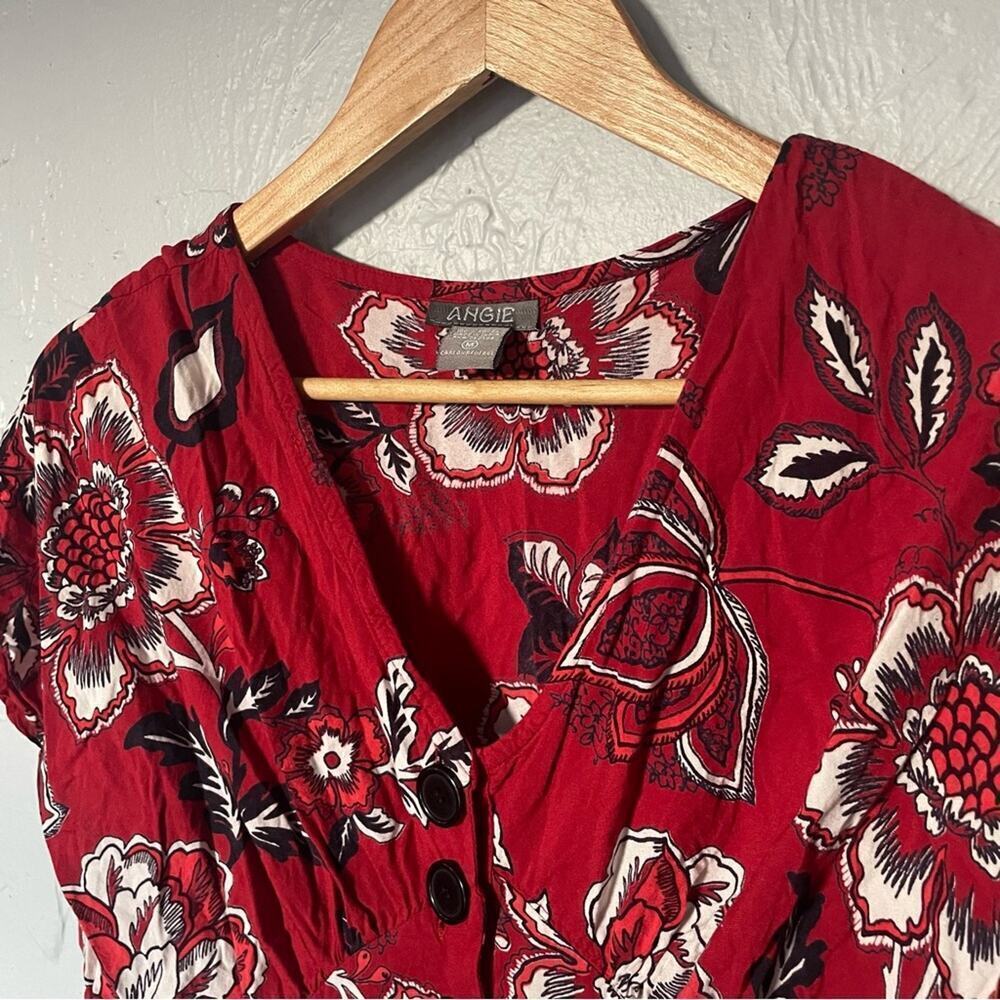 Angie Red Floral Flutter Sleeve Miss Honey Button Front Sundress sz Medium - Picture 2 of 6
